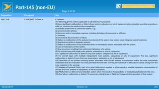 Part-145 (non-EU)
225
Regulation Paragraph Text
AMC 20-8 II. AIRCRAFT TECHNICAL B. Systems
The following generic criteria applicable to all systems are proposed:
(1) Loss, significant malfunction or defect of any system, subsystem or set of equipment when standard operating procedures,
drills etc. could not be satisfactorily accomplished.
(2) Inability of the crew to control the system, e.g.:
(a) uncommanded actions;
(b) incorrect and or incomplete response, including limitation of movement or stiffness;
(c) runaway;
(d) mechanical disconnection or failure.
(3) Failure or malfunction of the exclusive function(s) of the system (one system could integrate several functions).
(4) Interference within or between systems.
(5) Failure or malfunction of the protection device or emergency system associated with the system.
(6) Loss of redundancy of the system.
(7) Any occurrence resulting from unforeseen behaviour of a system.
(8) For aircraft types with single main systems, subsystems or sets of equipment:
Loss, significant malfunction or defect in any main system, subsystem or set of equipment.
(9) For aircraft types with multiple independent main systems, subsystems or sets of equipment: The loss, significant
malfunction or defect of more than one main system, subsystem or set of equipment
(10) Operation of any primary warning system associated with aircraft systems or equipment unless the crew conclusively
established that the indication was false provided that the false warning did not result in difficulty or hazard arising from the
crew response to the warning.
(11) Leakage of hydraulic fluids, fuel, oil or other fluids which resulted in a fire hazard or possible hazardous contamination of
aircraft structure, systems or equipment, or risk to occupants.
(12) Malfunction or defect of any indication system when this results in the possibility of misleading indications to the crew.
(13) Any failure, malfunction or defect if it occurs at a critical phase of flight and relevant to the operation of that system.
Page 2 of 10
Return to Reporting Responsibilities
06/02/2019 Version 1.0
 
