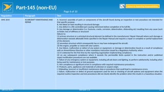 Part-145 (non-EU)
229
Regulation Paragraph Text
AMC 20-8 III.AIRCRAFT MAINTENANCE AND
REPAIR
A. Incorrect assembly of parts or components of the aircraft found during an inspection or test procedure not intended for
that specific purpose.
B. Hot bleed air leak resulting in structural damage.
C. Any defect in a life controlled part causing retirement before completion of its full life.
D. Any damage or deterioration (i.e. fractures, cracks, corrosion, delamination, disbonding etc) resulting from any cause (such
as flutter, loss of stiffness or structural
failure) to:
(1) primary structure or a principal structural element (as defined in the manufacturers’ Repair Manual) where such damage or
deterioration exceeds allowable limits specified in the Repair Manual and requires a repair or complete or partial replacement
of the element;
(2) secondary structure which consequently has or may have endangered the aircraft;
(3) the engine, propeller or rotorcraft rotor system.
E. Any failure, malfunction or defect of any system or equipment, or damage or deterioration found as a result of compliance
with an Airworthiness Directive or other mandatory instruction issued by a Regulatory Authority, when:
(1) it is detected for the first time by the reporting organisation implementing compliance;
(2) on any subsequent compliance where it exceeds the permissible limits quoted in the instruction and/or published
repair/rectification procedures are not available.
F. Failure of any emergency system or equipment, including all exit doors and lighting, to perform satisfactorily, including when
being used for maintenance or test purposes.
G. Non compliance or significant errors in compliance with required maintenance procedures.
H. Products, parts, appliances and materials of unknown or suspect origin.
I. Misleading, incorrect or insufficient maintenance data or procedures that could lead to maintenance errors.
J. Failure, malfunction or defect of ground equipment used for test or checking of aircraft systems and equipment when the
required routine inspection and test procedures did not clearly identify the problem when this results in a hazardous situation.
Page 6 of 10
Return to Reporting Responsibilities
06/02/2019 Version 1.0
 