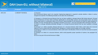 DAH (non-EU, without bilateral)
236
Regulation Paragraph Text
AMC 20-8 II. AIRCRAFT TECHNICAL A. Structural
Not all structural failures need to be reported. Engineering judgement is required to decide whether a failure is serious
enough to be reported. The following examples can be taken into consideration:
(1) Damage to a Principal Structural Element that has not been qualified as damage tolerant (life limited element). Principal
Structural Elements are those which contribute significantly to carrying flight, ground, and pressurisation loads, and whose
failure could result in a catastrophic failure of the aircraft. Typical examples of such elements are listed for large aeroplanes in
AC/AMC 25.571(a) "damage tolerance and fatigue evaluation of structure", and in the equivalent AMC material for rotorcraft.
(2) Defect or damage exceeding admissible damages to a Principal Structural Element that has been qualified as damage
tolerant.
(3) Damage to or defect exceeding allowed tolerances of a structural element which failure could reduce the structural
stiffness to such an extent that the required flutter, divergence or control reversal margins are no longer achieved.
(4) Damage to or defect of a structural element, which could result in the liberation of items of mass that may injure occupants
of the aircraft.
(5) Damage to or defect of a structural element, which could jeopardise proper operation of systems. See paragraph II.B.
below.
(6) Loss of any part of the aircraft structure in flight.
Page 2 of 13
Return to Reporting Responsibilities
06/02/2019 Version 1.0
 