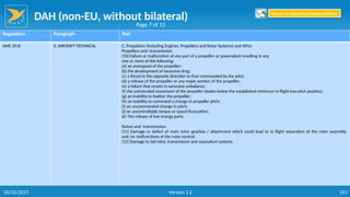DAH (non-EU, without bilateral)
241
Regulation Paragraph Text
AMC 20-8 II. AIRCRAFT TECHNICAL C. Propulsion (including Engines, Propellers and Rotor Systems) and APUs
Propellers and -transmission
(10) Failure or malfunction of any part of a propeller or powerplant resulting in any
one or more of the following:
(a) an overspeed of the propeller;
(b) the development of excessive drag;
(c) a thrust in the opposite direction to that commanded by the pilot;
(d) a release of the propeller or any major portion of the propeller;
(e) a failure that results in excessive unbalance;
(f) the unintended movement of the propeller blades below the established minimum in-flight low-pitch position;
(g) an inability to feather the propeller;
(h) an inability to command a change in propeller pitch;
(i) an uncommanded change in pitch;
(j) an uncontrollable torque or speed fluctuation;
(k) The release of low energy parts.
Rotors and -transmission
(11) Damage or defect of main rotor gearbox / attachment which could lead to in flight separation of the rotor assembly,
and /or malfunctions of the rotor control.
(12) Damage to tail rotor, transmission and equivalent systems.
Page 7 of 13
Return to Reporting Responsibilities
06/02/2019 Version 1.0
 