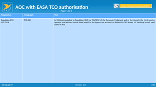 AOC with EASA TCO authorisation
248
Regulation Paragraph Text
Regulation (EU)
452/2014
TCO.200 (e) Without prejudice to Regulation (EU) No 996/2010 of the European Parliament and of the Council, the third country
operator shall without undue delay report to the Agency any accident as defined in ICAO Annex 13, involving aircraft used
under its AOC.
Page 1 of 1
Return to Reporting Responsibilities
06/02/2019 Version 1.0
 