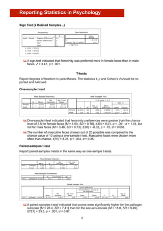 Reporting Statistics in Psychology

Sign Test (2 Related Samples...)




     A sign test indicated that femininity was preferred more in female faces than in male
     faces, Z = 3.47, p = .001.


                                           T-tests
Report degrees of freedom in parentheses. The statistics t, p and Cohen’s d should be re-
ported and italicised.

One-sample t-test




     One-sample t-test indicated that femininity preferences were greater than the chance
     level of 3.5 for female faces (M = 4.50, SD = 0.70), t(30) = 8.01, p < .001, d = 1.44, but
     not for male faces (M = 3.46, SD = 0.73), t(30) = -0.32, p = .75, d = 0.057.
     The number of masculine faces chosen out of 20 possible was compared to the
     chance value of 10 using a one-sample t-test. Masculine faces were chosen more
     often than chance, t(76) = 4.35, p = .004, d = 0.35.

Paired-samples t-test
Report paired-samples t-tests in the same way as one-sample t-tests.




     A paired-samples t-test indicated that scores were significantly higher for the pathogen
     subscale (M = 26.4, SD = 7.41) than for the sexual subscale (M = 18.0, SD = 9.49),
     t(721) = 23.3, p < .001, d = 0.87.

                                               3
 
