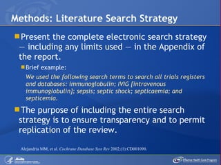 Present the complete electronic search strategy — including any limits used — in the Appendix of the report. Brief example: We used the following search terms to search all trials registers and databases: immunoglobulin; IVIG [intravenous immunoglobulin]; sepsis; septic shock; septicaemia; and septicemia. The purpose of including the entire search strategy is to ensure transparency and to permit replication of the review. Methods: Literature Search Strategy Alejandria MM, et al.  Cochrane Database Syst Rev  2002;(1):CD001090. 