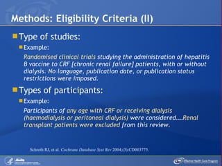 Type of studies: Example: Randomised clinical trials  studying the administration of hepatitis B vaccine to CRF [chronic renal failure] patients, with or without dialysis. No language, publication date, or publication status restrictions were imposed. Types of participants: Example: Participants of  any age with CRF or receiving dialysis (haemodialysis or peritoneal dialysis)  were considered.… Renal transplant patients were excluded  from this review. Methods: Eligibility Criteria (II) Schroth RJ, et al.  Cochrane Database Syst Rev  2004;(3):CD003775. 