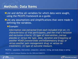 List and define all variables for which data were sought, using the PICOTS framework as a guide. List any assumptions and simplifications that were made in defining the variables. Example: Information was extracted from each included trial on: (1) characteristics of trial participants…and the trial’s inclusion and exclusion criteria; (2) type of intervention…(versus placebo or versus the type, dose, duration and frequency of another NSAID [nonsteroidal antiinflammatory drug]; or versus another pain management drug; or versus no treatment); (3) type of outcome measure. Methods: Data Items Allen C, et al.  Cochrane Database Syst Rev  2005;(4):CD004753. PICOT(S) = population, intervention, comparator, outcome, timing, and study design or setting 