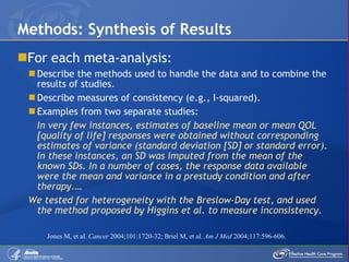 For each meta-analysis: Describe the methods used to handle the data and to combine the results of studies. Describe measures of consistency (e.g., I-squared). Examples from two separate studies: In very few instances, estimates of baseline mean or mean QOL [quality of life] responses were obtained without corresponding estimates of variance (standard deviation [SD] or standard error). In these instances, an SD was imputed from the mean of the known SDs. In a number of cases, the response data available were the mean and variance in a prestudy condition and after therapy.… We tested for heterogeneity with the Breslow-Day test, and used the method proposed by Higgins et al. to measure inconsistency. Methods: Synthesis of Results Jones M, et al.  Cancer  2004;101:1720-32; Briel M, et al.  Am J Med  2004;117:596-606. 