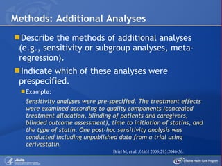Describe the methods of additional analyses (e.g., sensitivity or subgroup analyses, meta-regression). Indicate which of these analyses were prespecified. Example: Sensitivity analyses were pre-specified. The treatment effects were examined according to quality components (concealed treatment allocation, blinding of patients and caregivers, blinded outcome assessment), time to initiation of statins, and the type of statin. One post-hoc sensitivity analysis was conducted including unpublished data from a trial using cerivastatin. Methods: Additional Analyses Briel M, et al.  JAMA  2006;295:2046-56. 