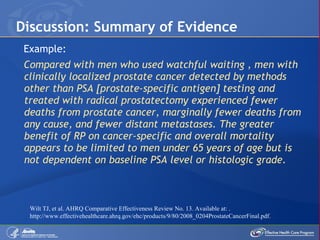 Example: Compared with men who used watchful waiting , men with clinically localized prostate cancer detected by methods other than PSA [prostate-specific antigen] testing and treated with radical prostatectomy experienced fewer deaths from prostate cancer, marginally fewer deaths from any cause, and fewer distant metastases. The greater benefit of RP on cancer-specific and overall mortality appears to be limited to men under 65 years of age but is not dependent on baseline PSA level or histologic grade.  Discussion: Summary of Evidence Wilt TJ, et al. AHRQ Comparative Effectiveness Review No. 13. Available at: . http://www.effectivehealthcare.ahrq.gov/ehc/products/9/80/2008_0204ProstateCancerFinal.pdf. 