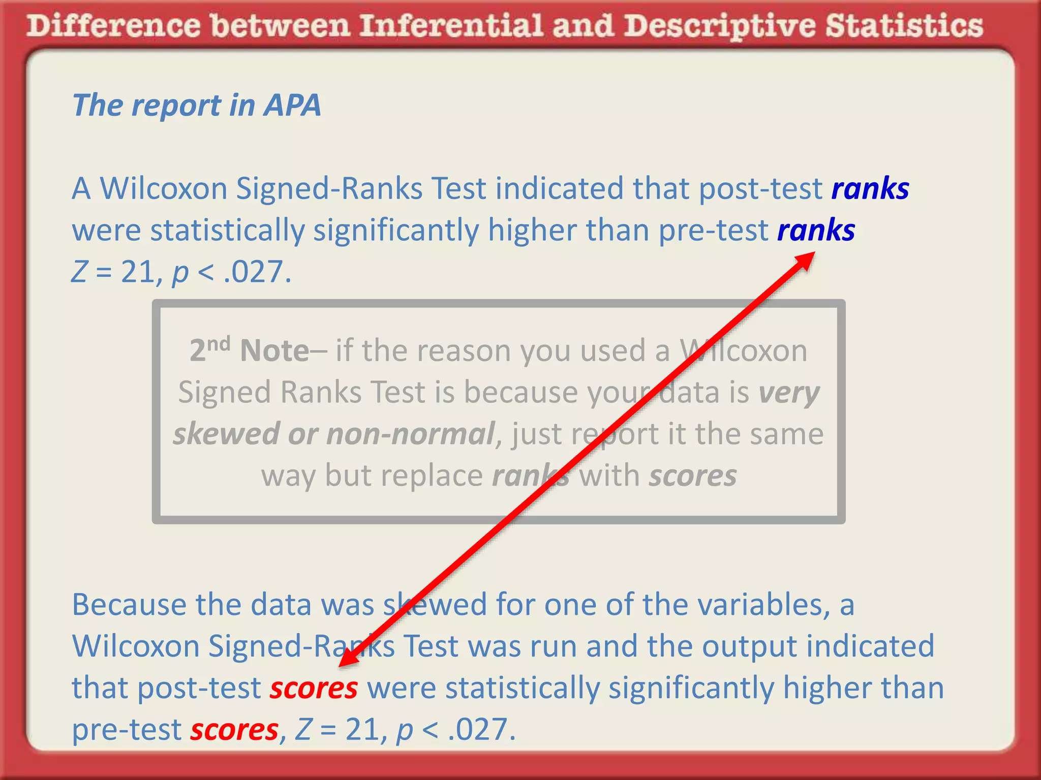 2nd Note– if the reason you used a Wilcoxon
Signed Ranks Test is because your data is very
skewed or non-normal, just report it the same
way but replace ranks with scores
The report in APA
A Wilcoxon Signed-Ranks Test indicated that post-test ranks
were statistically significantly higher than pre-test ranks
Z = 21, p < .027.
Because the data was skewed for one of the variables, a
Wilcoxon Signed-Ranks Test was run and the output indicated
that post-test scores were statistically significantly higher than
pre-test scores, Z = 21, p < .027.
 