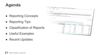 Agenda
● Reporting Concepts
● Reporting Tips
● Classification of Reports
● Useful Examples
● Recent Updates

AdWords API W...