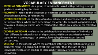 •STEERING COMMITTEE - is a group of individuals tasked with providing strategic
guidance, making key decisions.
•PROXIMITY - refers to the closeness or nearness of one thing to another, either in
physical space, time, or relationship
•INTERDEPENDENCE - is the state of mutual reliance and interconnectedness
between entities, where each depends on the others for support, cooperation, or
resources, shaping a system where collaborative efforts are essential for collective
success.
•CROSS-FUNCTIONAL - refers to the collaboration or involvement of individuals
from different functional areas or departments within an organization to work
together on a common goal or project, leveraging diverse expertise and
perspectives.
•SYNERGY - is the concept where the combined efforts or interactions of multiple
elements result in a combined effect that is greater than the sum of their
individual effects, often leading to increased efficiency, effectiveness, or
innovation.
VOCABULARY ENHANCEMENT
 
