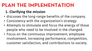 1. Clarifying the mission
• discusses the long-range benefits of the company.
• Consistency with the organization’s strategy
• Attempts to stimulate and focus the energy of those
people who need to be involved in the changed.
• Focus on the continuous improvement, employee
involvement, increasing performance, competition,
customer satisfaction, and contributions to society.
 