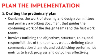 5. Drafting the preliminary plan
• Combines the work of steering and design committees
and primary a working document that guides the
continuing work of the design teams and the first work
teams.
• involves outlining the objectives, structure, roles, and
responsibilities of the teams, as well as defining clear
communication channels and establishing performance
metrics to track progress and outcomes effectively
 