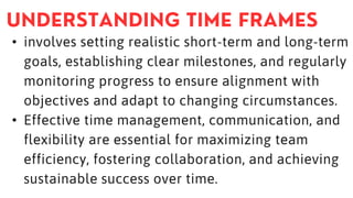 • involves setting realistic short-term and long-term
goals, establishing clear milestones, and regularly
monitoring progress to ensure alignment with
objectives and adapt to changing circumstances.
• Effective time management, communication, and
flexibility are essential for maximizing team
efficiency, fostering collaboration, and achieving
sustainable success over time.
 