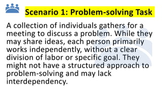 Scenario 1: Problem-solving Task
A collection of individuals gathers for a
meeting to discuss a problem. While they
may share ideas, each person primarily
works independently, without a clear
division of labor or specific goal. They
might not have a structured approach to
problem-solving and may lack
interdependency.
 