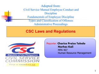 1
Adopted from:
Civil Service Manual Employee Conduct and
Discipline
Fundamentals of Employee Discipline
Types and Classification of Offenses
Administrative Proceedings
CSC Omnibus Rules on Discipline
Reporter: Charice Praise Toledo
Norhac Kali
MPA 467
Human Resource Management
CSC Laws and Regulations
 