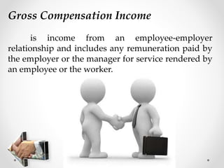 Gross Compensation Income
is income from an employee-employer
relationship and includes any remuneration paid by
the employer or the manager for service rendered by
an employee or the worker.
 