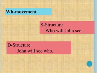 S-Structure
Who will John see.
Wh-movement
D-Structure
John will see who.
 