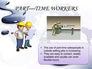 PART—TIME WORKERS




       The use of part-time salespeople in
        outside selling jobs is increasing.
       They are easy to contact, readily
        available and usually can work
        flexible hours.
 