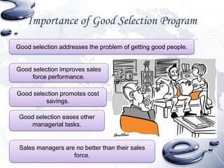 Importance of Good Selection Program

Good selection addresses the problem of getting good people.


Good selection improves sales
     force performance.

Good selection promotes cost
         savings.

 Good selection eases other
    managerial tasks.


 Sales managers are no better than their sales
                   force.
 