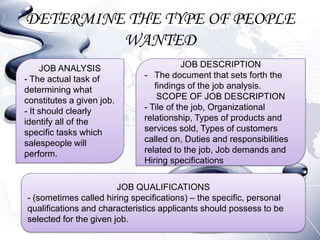 DETERMINE THE TYPE OF PEOPLE
         WANTED
     JOB ANALYSIS                        JOB DESCRIPTION
- The actual task of          - The document that sets forth the
determining what                 findings of the job analysis.
constitutes a given job.          SCOPE OF JOB DESCRIPTION
- It should clearly           - Tile of the job, Organizational
identify all of the           relationship, Types of products and
specific tasks which          services sold, Types of customers
salespeople will              called on, Duties and responsibilities
perform.                      related to the job, Job demands and
                              Hiring specifications

                        JOB QUALIFICATIONS
- (sometimes called hiring specifications) – the specific, personal
qualifications and characteristics applicants should possess to be
selected for the given job.
 