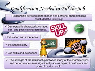 Qualification Needed to Fill the Job
     Relationship between performance and personal characteristics
                        concluded the following:

 Demographic characteristics (age,
  sex) and physical characteristics.

 Education and experience

 Personal history


 Job skills and experience

  The strength of the relationship between many of the characteristics
   and performance varies significantly across types of customers and
                          types of products sold.
 