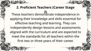 2. Proficient Teachers (Career Stage
2)
These teachers demonstrate independence in
applying their knowledge and skills essential for
effective teaching and learning. They can
independently design lessons and assessments
aligned with the curriculum and are expected to
meet the standards for all teachers within the
first two or three years of their career.
 