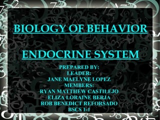 BIOLOGY OF BEHAVIOR
ENDOCRINE SYSTEM
PREPARED BY:
LEADER:
JANE MAELYNE LOPEZ
MEMBERS:
RYAN MATTHEW CASTILEJO
ELIZA LORAINE BERJA
ROB BENEDICT REFORSADO
BSCS 1-1

 