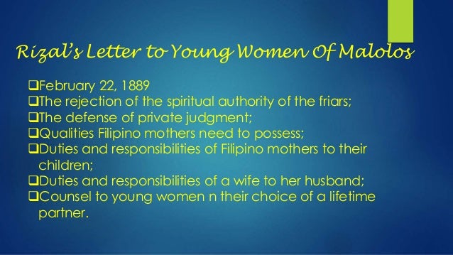 rizal s legacy of young filipino women Jose rizal’s legacy to filipino women is embodied in his famous essay entitled, “to the young women of malolos,” where he addresses all kinds of women . rizal s legacy of young filipino women Jose rizal’s legacy to filipino women is embodied in his famous essay entitled, “to the young women of malolos,” where he addresses all kinds of women .