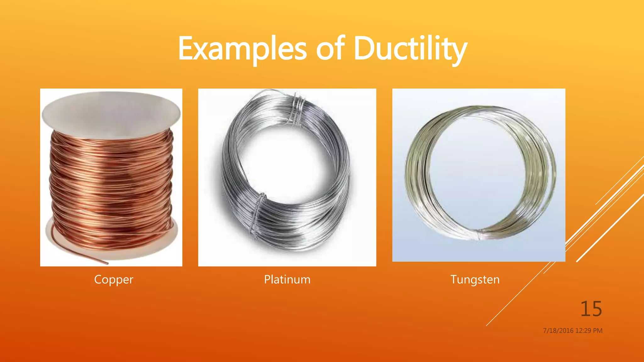 7/18/2016 12:29 PM
15
Examples of Ductility
Copper Platinum Tungsten
 