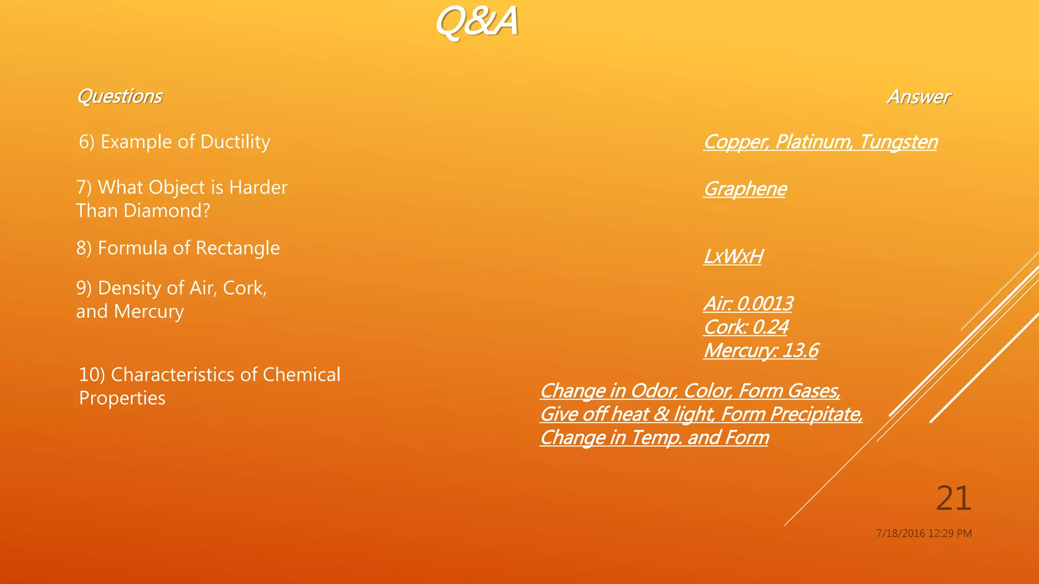 Q&A
7/18/2016 12:29 PM
21
Questions
6) Example of Ductility
Answer
Copper, Platinum, Tungsten
7) What Object is Harder
Than Diamond?
Graphene
8) Formula of Rectangle LXWXH
9) Density of Air, Cork,
and Mercury Air: 0.0013
Cork: 0.24
Mercury: 13.6
10) Characteristics of Chemical
Properties Change in Odor, Color, Form Gases,
Give off heat & light, Form Precipitate,
Change in Temp. and Form
 