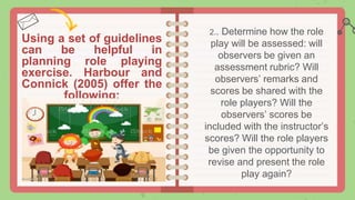 Using a set of guidelines
can be helpful in
planning role playing
exercise. Harbour and
Connick (2005) offer the
following:
2.. Determine how the role
play will be assessed: will
observers be given an
assessment rubric? Will
observers’ remarks and
scores be shared with the
role players? Will the
observers’ scores be
included with the instructor’s
scores? Will the role players
be given the opportunity to
revise and present the role
play again?
 