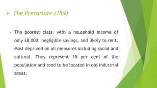  The Precariate (15%)
 The poorest class, with a household income of
only £8,000, negligible savings, and likely to rent.
Most deprived on all measures including social and
cultural. They represent 15 per cent of the
population and tend to be located in old industrial
areas.
 