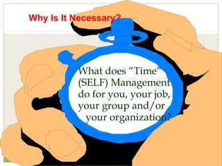 Why Is It Necessary?
What does “Time”
(SELF) Management
do for you, your job,
your group and/or
your organization?
 