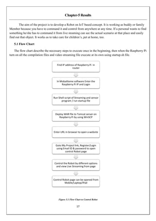 17
Chapter-5 Results
The aim of the project is to develop a Robot on IoT based concept. It is working as buddy or family
Member because you have to command it and control from anywhere at any time. If a personal wants to find
something he/she has to command it from live steaming can see the actual scenario at that place and easily
find out that object. It works as to take care for children’s, pet at home, too.
5.1 Flow Chart
The flow chart describe the necessary steps to execute once in the beginning, then when the Raspberry Pi
turn on all the compilation files and video streaming file execute at its own using startup.sh file.
Figure 5.1 Flow Chart to Control Robot
Find IP address of Raspberry Pi in
router
In MobaXteme software Enter the
Raspberry Pi IP and Login
Run Shell script of Streaming and sensor
program / run startup file
Deploy WAR file to Tomcat server on
Raspberry Pi by using WinSCP
Enter URL in browser to open a website
Goto My Project link, Register/Login
using Email ID & password to open
control Robot page
Control the Robot by different options
and view Live Streaming from page
Control Robot page can be opened from
Mobile/Laptop/iPad
 