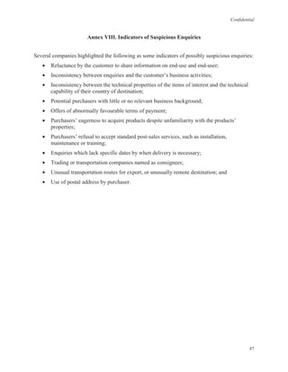 Confidential
47
Annex VIII. Indicators of Suspicious Enquiries
Several companies highlighted the following as some indicators of possibly suspicious enquiries:
• Reluctance by the customer to share information on end-use and end-user;
• Inconsistency between enquiries and the customer’s business activities;
• Inconsistency between the technical properties of the items of interest and the technical
capability of their country of destination;
• Potential purchasers with little or no relevant business background;
• Offers of abnormally favourable terms of payment;
• Purchasers’ eagerness to acquire products despite unfamiliarity with the products’
properties;
• Purchasers’ refusal to accept standard post-sales services, such as installation,
maintenance or training;
• Enquiries which lack specific dates by when delivery is necessary;
• Trading or transportation companies named as consignees;
• Unusual transportation routes for export, or unusually remote destination; and
• Use of postal address by purchaser.
 