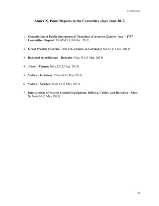 Confidential
49
Annex X. Panel Reports to the Committee since June 2012
1. Compilation of Public Statements of Transfers of Arms to Gaza by Iran – 1737
Committee Request: COMM.93 (14 Dec. 2012)
2. Great Prophet Exercise – US, UK, France, & Germany: Note.6 (11 Jan. 2013)
3. Bahraini Interdictions – Bahrain: Note.45 (21 Mar. 2013)
4. Jihan – Yemen: Note.55 (22 Apr. 2013)
5. Valves – Germany: Note.64 (1 May 2013)
6. Valves – Sweden: Note.63 (1 May 2013)
7. Interdictions of Process Control Equipment, Bellows, Cables, and Batteries – State
X: Note.65 (3 May 2013)
 