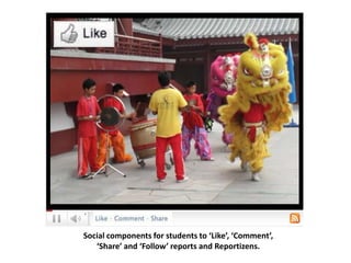 Social components for students to ‘Like’, ‘Comment’, ‘Share’ and ‘Follow’ reports and Reportizens.