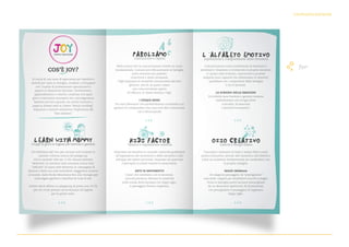 comunicazione
flyer
Si tratta di una serie di esperienze per bambini e
attivit per tutta la famiglia, studiate e sviluppate
con lausilio di professionisti specializzati e
esperti in dinamiche familiari. Divertimento,
apprendimento e crescita condivisa con spazi
gioco e laboratori innovativi che coinvolgeranno
bambini piccoli e grandi, ma anche mamme e
pap su diversi temi in chiave family building.
Imparare e crescere attraverso lesperienza del
fare insieme.
Nella nostra vita la comunicazione riveste un ruolo
fondamentale. Comunicare efficacemente in famiglia
porta relazioni pi positive,
costruttive e meno stressanti.
I figli imparano le modalit comunicative?dai loro
genitori: perci, se questi usano
una comunicazione aperta
ed efficace, lo stesso faranno i figli.
I CINQUE SENSI
Tre mini laboratori che permetteranno ai bambini e ai
genitori di comprendere che cosa vuol dire comunicare
con e senza parole.
Unesibizione dal vivo per cantare tutti insieme le
canzoni-colonna sonora dei playgroup.
Chi le canter? Alle ore 11.00, Simona Barbieri
Mckenzie, la cantante italo-scozzese ormai voce
ufficiale di Learn with Mummy. In compagnia di
Simona e delle sue note melodiose viaggeremo intorno
al mondo: dalle Rocky Mountains fino alla Giungla per
coinvolgere genitori e bambini di tutte le et.
Inoltre verr offerto un playgroup di prova (ore 10.15)
per chi vuole provare ad avvicinarsi allinglese
per la prima volta.
Stimolare nei bambini la naturale creativit guidandoli
allespressione dei sentimenti e delle emozioni e allo
sviluppo dei talenti personali. Imparare ad osservare
e percepire la realt tramite la sensorialit.?
ARTE IN MOVIMENTO
Colori che cambiano con le emozioni.
I piccoli potranno liberare la creativit
sulle strade della fantasia con Zippy Light,
il passeggino firmato Inglesina.
Comunicazione come condivisione di emozioni e
sentimenti. Imparare a riconoscere?le proprie emozioni
e i propri stati danimo, comunicarli e provare
empatia?sono capacit che influenzano le relazioni
quotidiane tra i componenti?della famiglia
e tra le persone.
LO SCRIGNO DELLE EMOZIONI
Unattivit dove bambini e genitori insieme
realizzaranno uno scrigno dove
custodire, riconoscere
e provare le emozioni.
PAROLIAMO
Comunicare e capirsi
000 000
000000 000
OZIO CREATIVO
Libert e tempo libero
KIDS FACTOR
Talento e espressione creativa
L
'
ALFABETO EMOTIVO
Espressione e comprensione delle emozioni?
COS? JOY?
Concepire i momenti di relax e tempo libero come
pratica educativa, stimolo alla fantasia e alla libert e
come un momento fondamentale da condividere con
la propria famiglia.
MAGIC MOMents
Un elegante passeggino da prestigiatore
nasconde i segreti per strabilianti trucchi e magie.
Tutta la familglia potr lasciarsi meravigliare
da un divertente spettacolo di illusionismo,
con protagonista il passeggino di Inglesina,
Zippy Light.
LEARN WITH MUMMY
Gruppi di gioco in Inglese per bambini e genitori
 