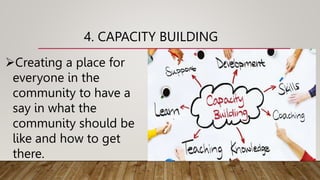 4. CAPACITY BUILDING
Creating a place for
everyone in the
community to have a
say in what the
community should be
like and how to get
there.
 