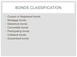 BONDS CLASSIFICATION
• Coupon or Registered bonds
• Mortgage bonds
• Debenture bonds
• Convertible bonds
• Participating bonds
• Collateral bonds
• Guaranteed bonds
 