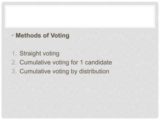 • Methods of Voting
1. Straight voting
2. Cumulative voting for 1 candidate
3. Cumulative voting by distribution
 