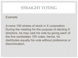 STRAIGHT VOTING
Example
A owns 100 shares of stock in X corporation.
During the meeting for the purpose of electing 5
directors, he may cast his vote by giving each of
the five candidates 100 votes, hence, he
distributes equally his vote without preference or
discrimination.
 