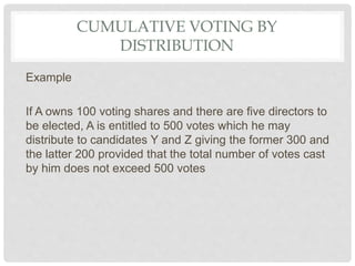 CUMULATIVE VOTING BY
DISTRIBUTION
Example
If A owns 100 voting shares and there are five directors to
be elected, A is entitled to 500 votes which he may
distribute to candidates Y and Z giving the former 300 and
the latter 200 provided that the total number of votes cast
by him does not exceed 500 votes
 