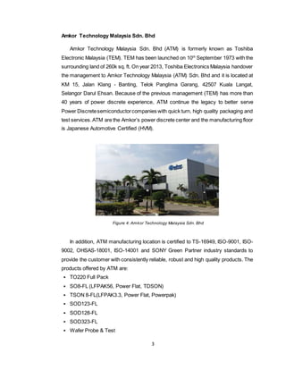 3
Amkor Technology Malaysia Sdn. Bhd
Amkor Technology Malaysia Sdn. Bhd (ATM) is formerly known as Toshiba
Electronic Malaysia (TEM). TEM has been launched on 10th
September 1973 with the
surrounding land of 260k sq. ft. On year 2013, Toshiba Electronics Malaysia handover
the management to Amkor Technology Malaysia (ATM) Sdn. Bhd and it is located at
KM 15, Jalan Klang - Banting, Telok Panglima Garang, 42507 Kuala Langat,
Selangor Darul Ehsan. Because of the previous management (TEM) has more than
40 years of power discrete experience, ATM continue the legacy to better serve
Power Discretesemiconductorcompanies with quick turn, high quality packaging and
test services.ATM are the Amkor’s power discrete center and the manufacturing floor
is Japanese Automotive Certified (HVM).
In addition, ATM manufacturing location is certified to TS-16949, ISO-9001, ISO-
9002, OHSAS-18001, ISO-14001 and SONY Green Partner industry standards to
provide the customer with consistently reliable, robust and high quality products. The
products offered by ATM are:
 TO220 Full Pack
 SO8-FL (LFPAK56, Power Flat, TDSON)
 TSON 8-FL(LFPAK3.3, Power Flat, Powerpak)
 SOD123-FL
 SOD128-FL
 SOD323-FL
 Wafer Probe & Test
Figure 4: Amkor Technology Malaysia Sdn. Bhd
 