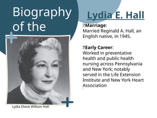 Biography
of the
theorist
Lydia E. Hall
💍Marriage:
Married Reginald A. Hall, an
English native, in 1945.
🏥Early Career:
Worked in preventative
health and public health
nursing across Pennsylvania
and New York; notably
served in the Life Extension
Institute and New York Heart
Association
Lydia Eloise William Hall
 