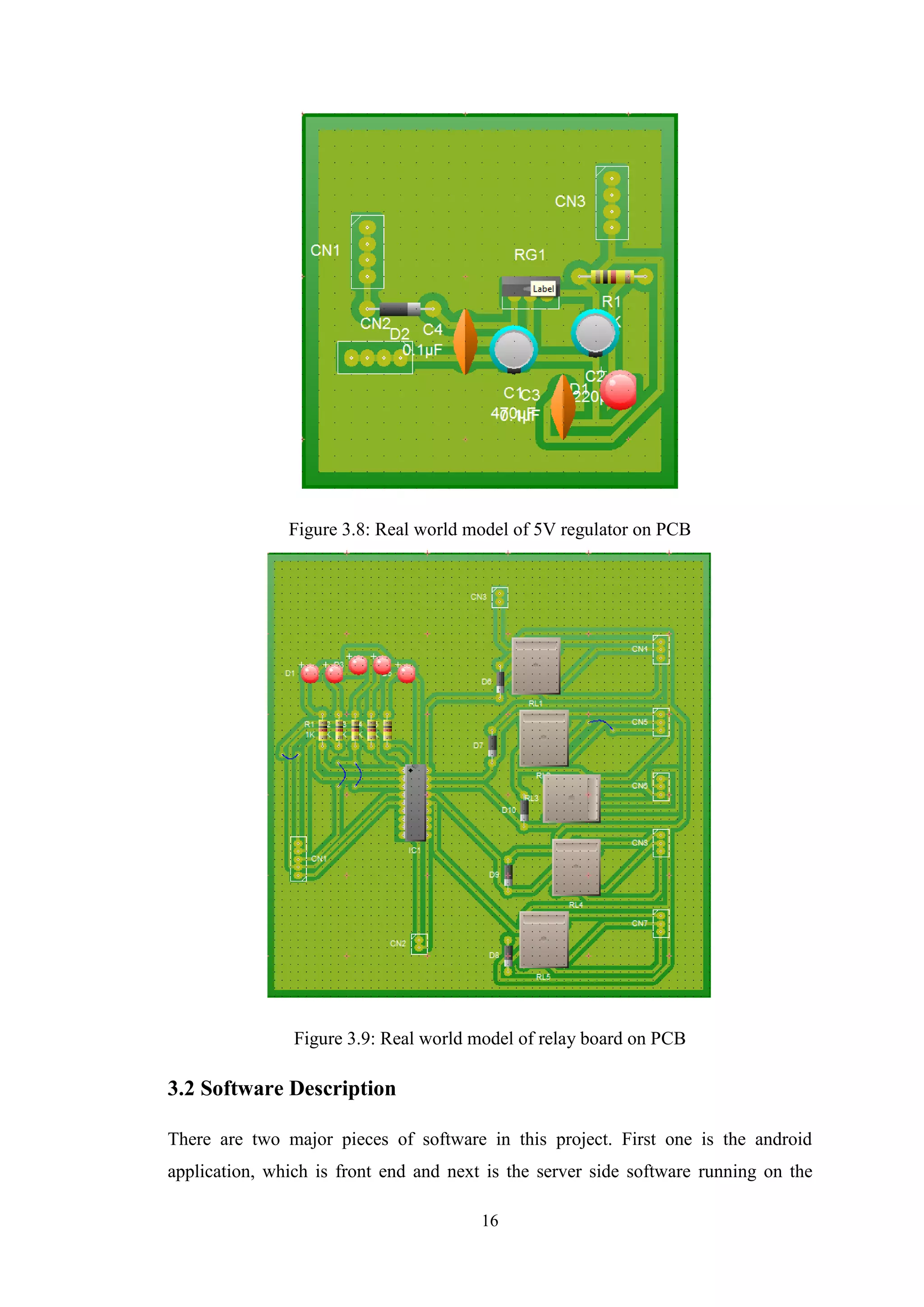 16
Figure 3.8: Real world model of 5V regulator on PCB
Figure 3.9: Real world model of relay board on PCB
3.2 Software Description
There are two major pieces of software in this project. First one is the android
application, which is front end and next is the server side software running on the
 