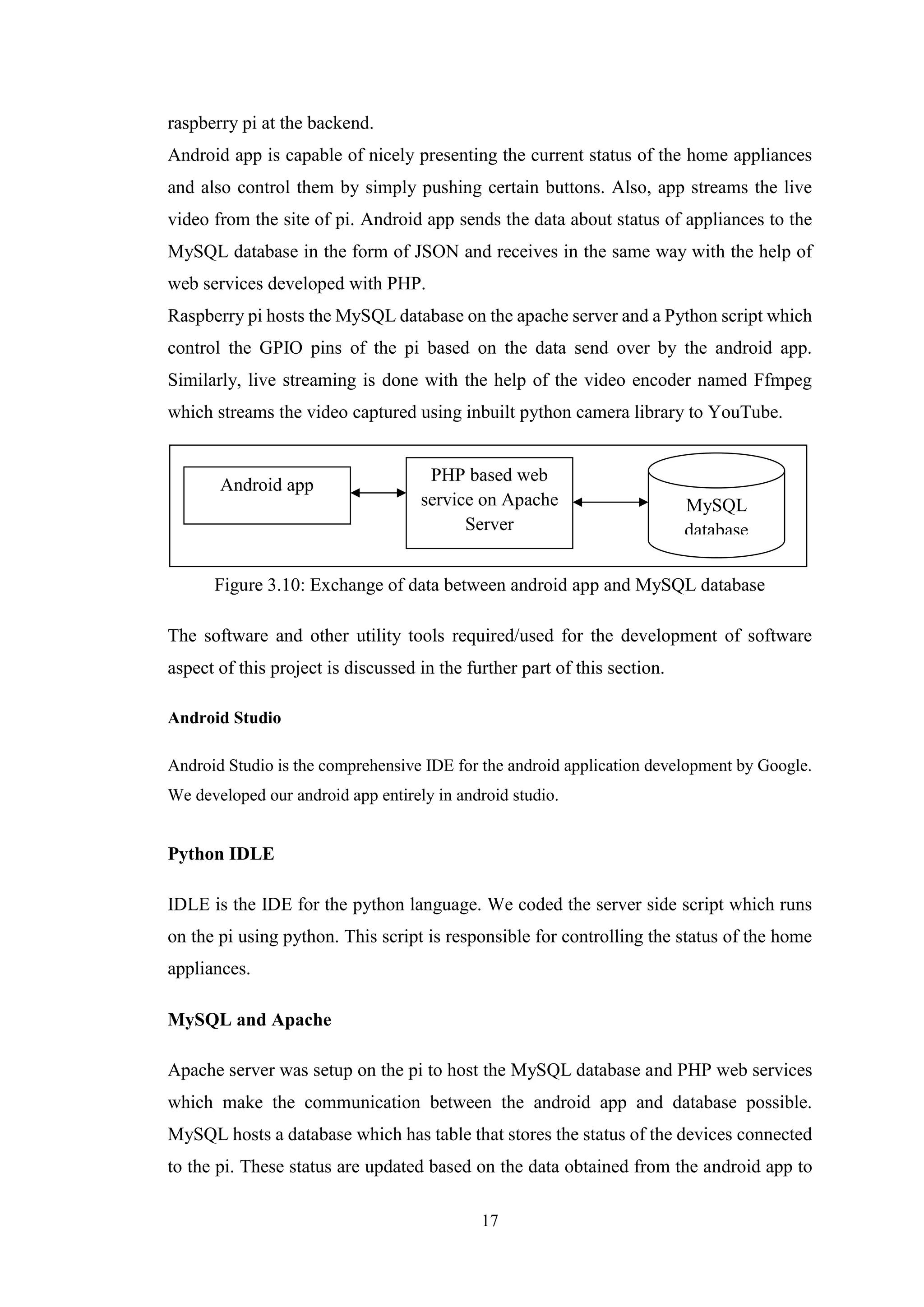 17
raspberry pi at the backend.
Android app is capable of nicely presenting the current status of the home appliances
and also control them by simply pushing certain buttons. Also, app streams the live
video from the site of pi. Android app sends the data about status of appliances to the
MySQL database in the form of JSON and receives in the same way with the help of
web services developed with PHP.
Raspberry pi hosts the MySQL database on the apache server and a Python script which
control the GPIO pins of the pi based on the data send over by the android app.
Similarly, live streaming is done with the help of the video encoder named Ffmpeg
which streams the video captured using inbuilt python camera library to YouTube.
Figure 3.10: Exchange of data between android app and MySQL database
The software and other utility tools required/used for the development of software
aspect of this project is discussed in the further part of this section.
Android Studio
Android Studio is the comprehensive IDE for the android application development by Google.
We developed our android app entirely in android studio.
Python IDLE
IDLE is the IDE for the python language. We coded the server side script which runs
on the pi using python. This script is responsible for controlling the status of the home
appliances.
MySQL and Apache
Apache server was setup on the pi to host the MySQL database and PHP web services
which make the communication between the android app and database possible.
MySQL hosts a database which has table that stores the status of the devices connected
to the pi. These status are updated based on the data obtained from the android app to
Android app
PHP based web
service on Apache
Server
MySQL
database
 
