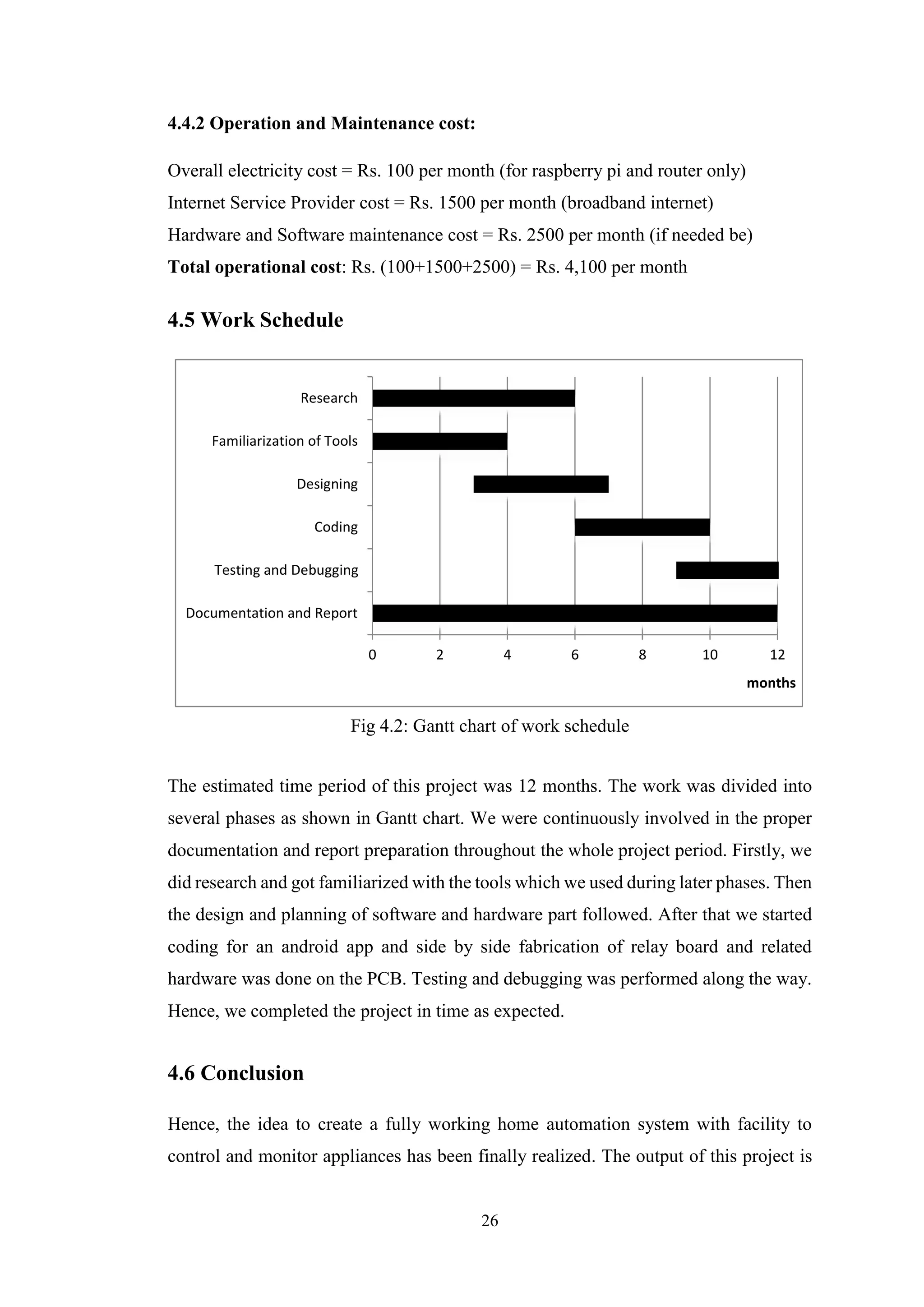 26
4.4.2 Operation and Maintenance cost:
Overall electricity cost = Rs. 100 per month (for raspberry pi and router only)
Internet Service Provider cost = Rs. 1500 per month (broadband internet)
Hardware and Software maintenance cost = Rs. 2500 per month (if needed be)
Total operational cost: Rs. (100+1500+2500) = Rs. 4,100 per month
4.5 Work Schedule
Fig 4.2: Gantt chart of work schedule
The estimated time period of this project was 12 months. The work was divided into
several phases as shown in Gantt chart. We were continuously involved in the proper
documentation and report preparation throughout the whole project period. Firstly, we
did research and got familiarized with the tools which we used during later phases. Then
the design and planning of software and hardware part followed. After that we started
coding for an android app and side by side fabrication of relay board and related
hardware was done on the PCB. Testing and debugging was performed along the way.
Hence, we completed the project in time as expected.
4.6 Conclusion
Hence, the idea to create a fully working home automation system with facility to
control and monitor appliances has been finally realized. The output of this project is
0 2 4 6 8 10 12
Documentation and Report
Testing and Debugging
Coding
Designing
Familiarization of Tools
Research
months
 