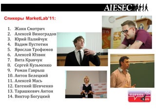  




       Спикеры MarketLab’11:

        1.    Жанн	
  Смотрич	
  
        2.    Алексей	
  Виноградов	
  
        3.    Юрий	
  Палийчук	
  
        4.    Вадим	
  Пустотин	
  
        5.    Ярослав	
  Трофимов	
  
        6.    Алексей	
  Юзвяк	
  
        7.    Вита	
  Кравчук	
  
        8.    Сергей	
  Кузьменко	
  
        9.    Роман	
  Гаврыш	
  
        10.   Антон	
  Белецкий	
  
        11.   Алексей	
  Мась	
  
        12.   Евгений	
  Шевченко	
  
        13.   Тарашкевич	
  Антон	
  
        14.   Виктор	
  Богуцкий	
  
 